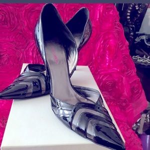 ISO Giorgio Armani black patent and clear pointy toe zigzag design heels